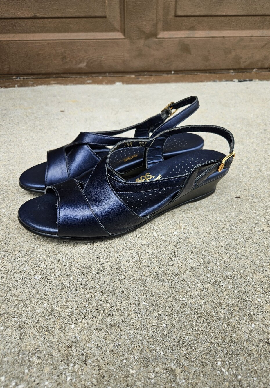 SAS Caress Cross Strap Wedge Women's Sandals 7.5 N Comfort Navy USA